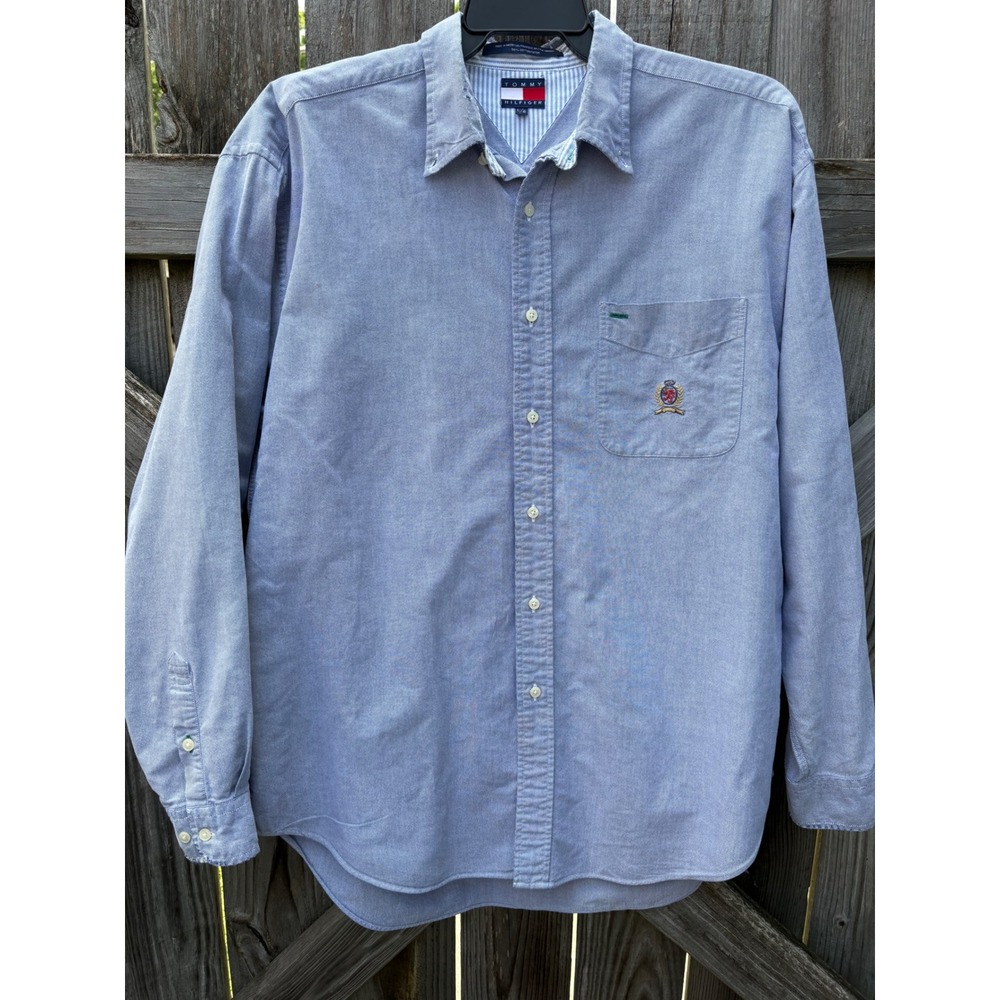 VTG Tommy Hilfiger Mens Blue Oxford Button Down Shirt Crest Logo Large L/G
